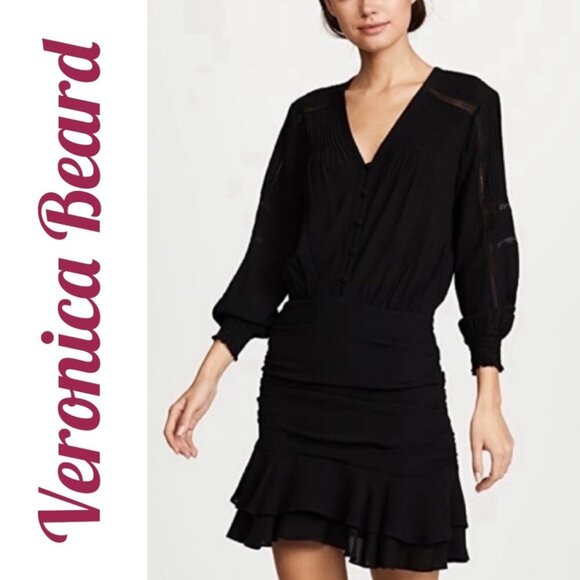 VERONICA BEARD SARASOTA DRESS LBD LONG SLEEVE RUCHED SKIRT MINI LACE TRIM SIZE 2 - Picture 14 of 15